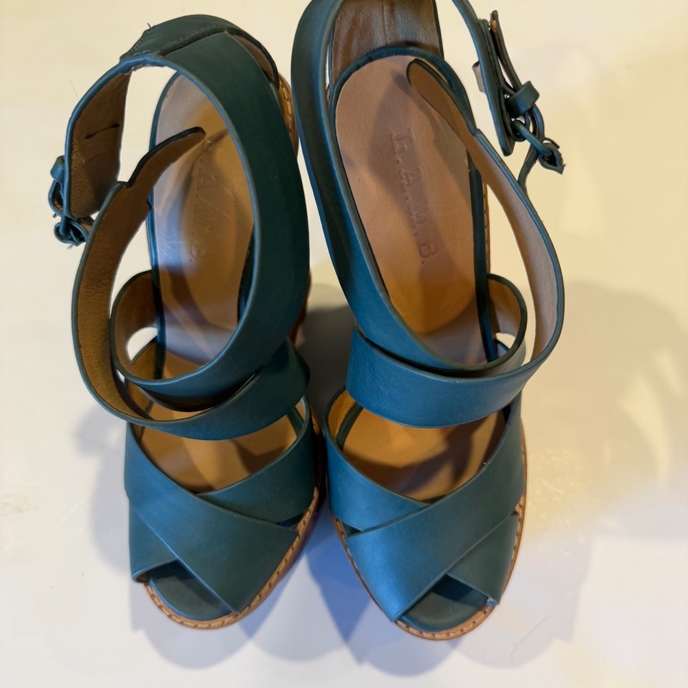 L.A.M.B Green Leather Platform Wedge Sandals Size 6 Designer Strappy Heels - Picture 6 of 8
